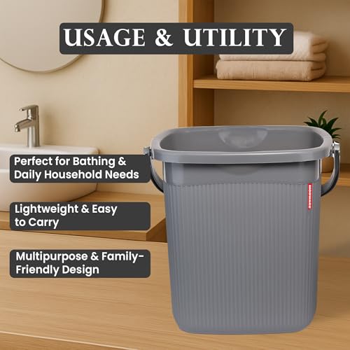 Image of Modware Square Ribbon Plastic Bucket Set with Mug | 20 L Bathroom Bucket with Handle + 1L Mug | Heavy-Duty Polypropylene + Co-Polymer | Stylish & Durable Bath Set (Grey)