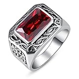 Bonlavie Stainless Steel Men's Signet Ring 6.85ct Emerald Cut Ruby Rings Vintage Simulated Red Gemstone Ring Silver Celtic Mens Ring for Husband Father Grandpa Size W