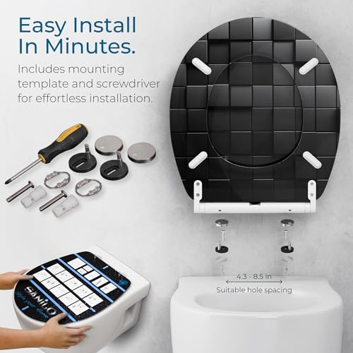 Image of Sanilo Wooden Toilet Seat with Quick Release & Soft Close [ROUND] - Decorative & Slow Close Molded Wood Seat - With One Click for Easy Installation & Cleaning - With Adjustable Fit (Cube)
