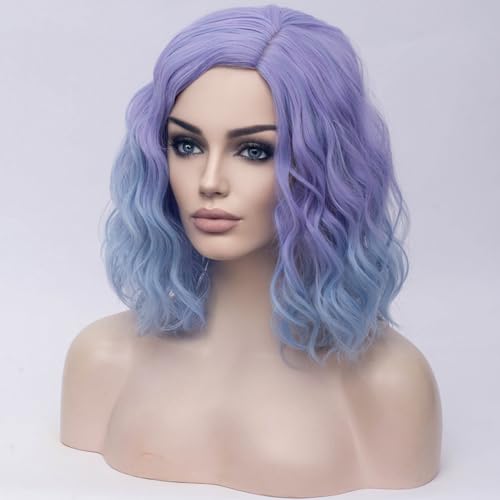 Image of BERON Purple and Blue Womens 14 inch Wigs Short Curly Wavy Wig Purple Ombre Blue Color Shoulder Length Synthetic Party Halloween Wigs Wig Cap Included