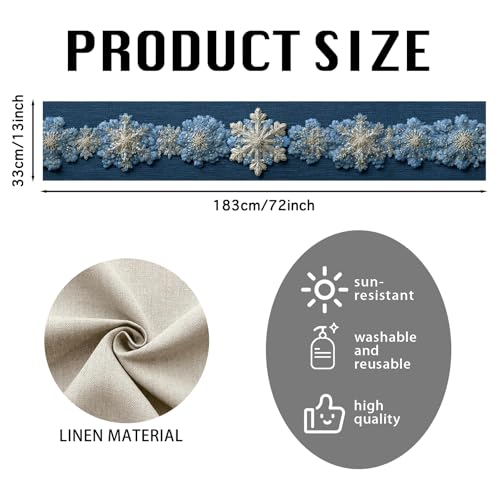 Image of Nuxovilar Blue Snowflake Table Runner Flax 13x72 in | Holiday Runner Flax Placemats Dining Accessories Set Winter Dinner Holiday Event Room (Blue Snowflake)