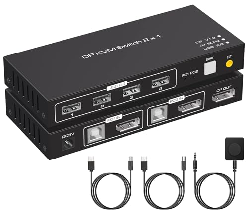 TJCXELE 4K60Hz DisplayPort KVM Switch 2 PC 1 Monitor USB 2.0 KVM Switch f&uuml;r 2 PCs und 1 Monitor, mit 4 USB-Ports, geeignet f&uuml;r Maus, Tastatur, Drucker, U-Stick, kommt mit USB A-B Kabeln