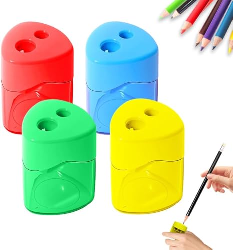 Afilador de lápices, manual de afiladores, doble orificio, compacto, coloreado, para niños con adultos, en la escuela, la oficina de clase (cubierto) (A-4PCS)