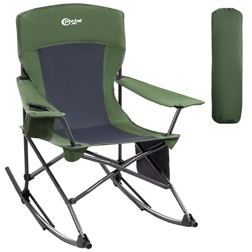 PORTAL Outdoor Rocking Chair Camping Folding Portable Rocker with Cup Holder Side Pocket Carry Bag, Support 350LBS (Green)