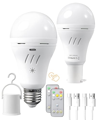 Dufuso Glühbirne mit Batterie und Fernbedienung, 7W Touch-Steuerung E27 LED dimmbar Glühbirne, USB-C 2600 mAh Akku Lampe, 3 Helligkeitsstufen Wandleuchte Hängelampe Notfall-Lichter (3000/4000/6000k)