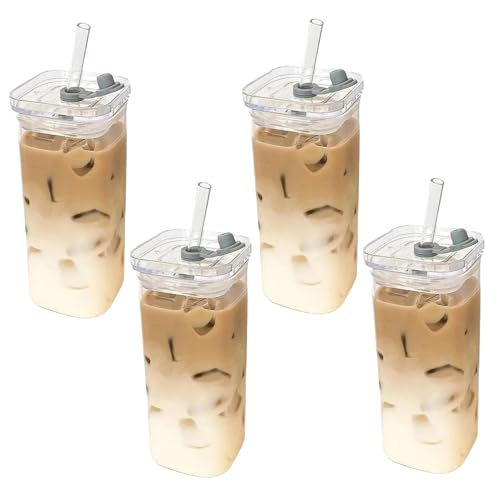 Tasses en verre carré avec couvercles et pailles, verres de consommation résistants à la température de 4pcs, lunettes boisson réutilisables 400 ml pour...