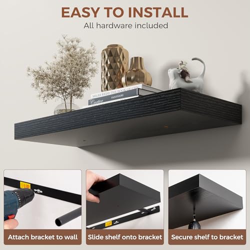Image of Dreamland Black Floating Shelves 48 Inch Long,8 Inch Deep Floating Shelves,48 inch W x 8 inch D Wall Shelves for Bedroom,Living Room,Kitchen,Bathroom,Set of 2