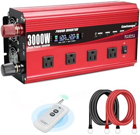 Cantonape 3000W Power Inverter 12V to 110V/120V DC to AC with LCD Display, Remote Controller 4 x AC Outlets and 4 x 3.1A USB Car Adapter for Car Truck Boat RV Solar System