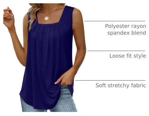 Image of Saloogoe Summer Tank Tops for Women Loose Fit Pleated Square Neck Sleeveless Tops Curved Hem Flowy
