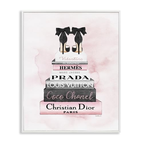 Stupell Industries Black Heels Pink Silver Bookstack Glam Fashion, Design by Amanda Greenwood White Framed Wall Art, 24 x 30, (aa-518_wfr_24x30)