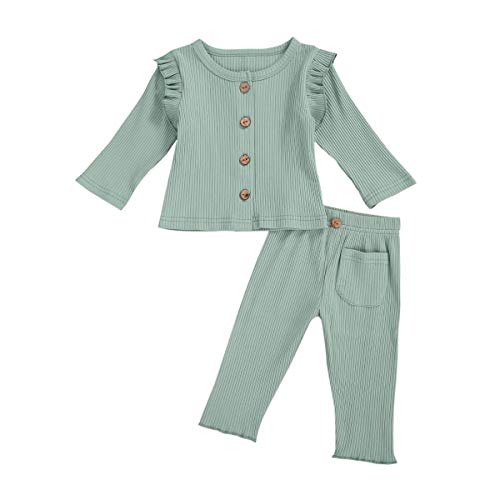 2PCS Toddler Baby Girls Fall Outfits Solid Long Sleeve Ruffle Sweater Tops + Knitted Leggings Pants Clothes Set (Bean Green, 6-12 Months)