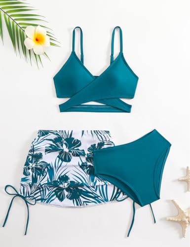 KORADI Girls Swimsuit 3 Pieces V-Neck Bikini Set Printed Cross Front Bathing Suit Drawstring Cover Up Skirt 8-12 Years2