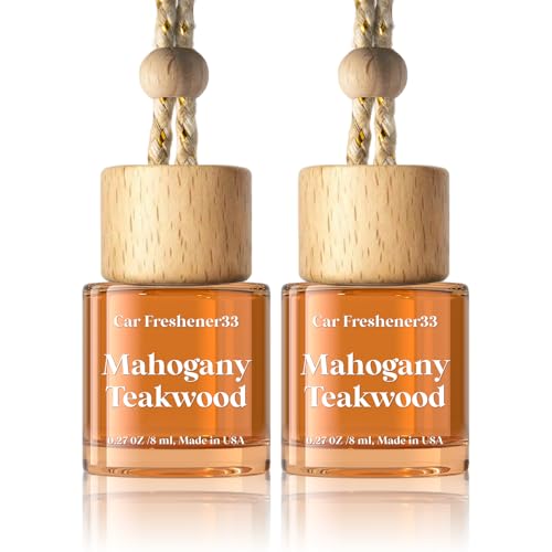 Image of C Classy Hanging Car Air Freshener 2 Pack, Mahogany Teakwood, Brown Glass Bottle Diffuser, Long-Lasting Fragrance, Cute Car Accessories for Women & Men, Made in USA