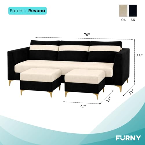 Image of FURNY Nova 5 Seater L Shape Sofa Set with 2 Movable Ottoman | Flexible Left or Right Layout | Plush Velvet Fabric (Black-Cream) | Perfect for Living Room, Guest Room & Office