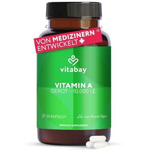 Vitabay Vitamin A Hochdosiert Kapseln - 120 Vegane Vitamin A Retinol Kapseln 10000 IE - Vitamine A für Augen Haut & Immunsystem - Vit A Vegan - Laborgeprüft