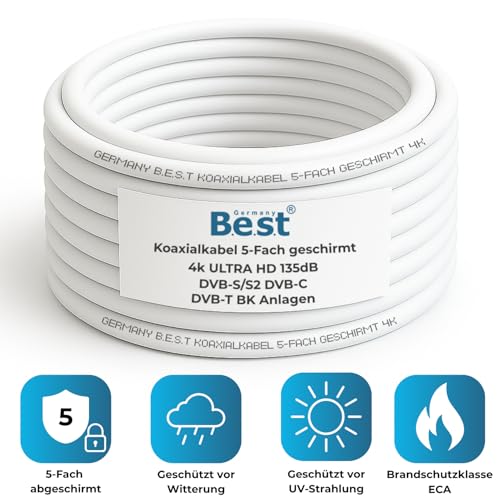 Germany B.e.s.t Koaxialkabel 20m SAT-Kabel | 4K Ultra HD | Class A+ | DVB-S/S2 DVB-C DVB-T BK Anlagen | 5Fach Geschirmt | 135dB | Antennenkabel | Koaxkabel | 10x F-Stecker