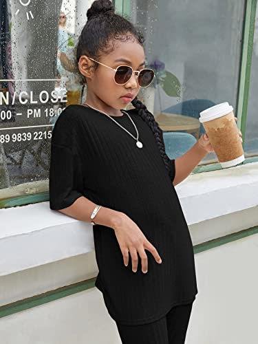 Image of Floerns Girls Rib Knit Short Sleeve T Shirt with Biker Shorts Set 2 Piece Outfit