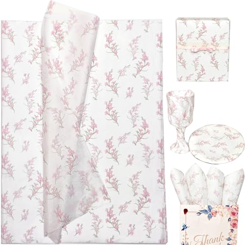 Floral Tissue Paper, White with Pink Gladiolus Flowers Pattern- 30 Sheets, 20x14 In, Gift Wrapping Tissue Paper for Gift Bags, Bouquet Packaging for Wedding Baby Shower DIY Crafts Birthday Party Decor