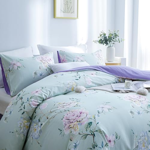 Image of BOLINLIVING Floral Duvet Cover Queen Size 3 Pieces, Flower Duvet Cover with 2 Pillow Shams, Soft Floral Bedding Set Sage Green and Purple for All Season, Breathable, Zipper Closure