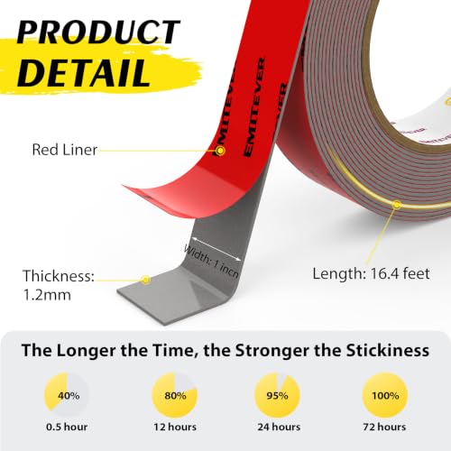 Image of EMITEVER Heavy Duty Double Sided Tape 2 Rolls, 1 Inch x 16.4FT Acrylic Foam Mounting Tape, Two Sided Adhesive Tape, Waterproof & Strong Double Stick Tape for Walls, Automotive, Home Office Decor