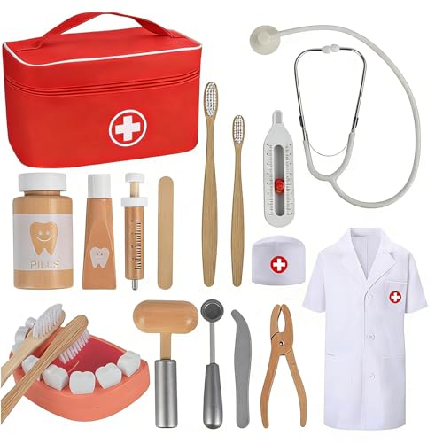 Malette Docteur Enfant Médecin Jouet Bois avec stéthoscope véritable, Mallette de Dentiste,...