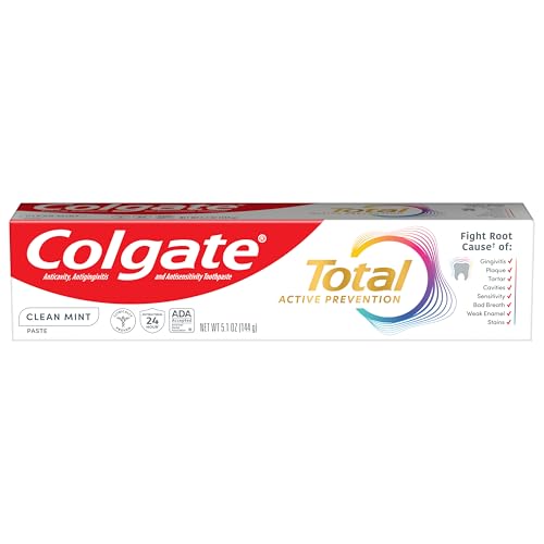 Colgate Total Active Prevention Clean Mint Toothpaste, Anticavity Toothpaste with Fluoride, Clinically Proven to Help Fight Plaque Bacteria, Helps Minimize Bad Breath, 5.1 oz