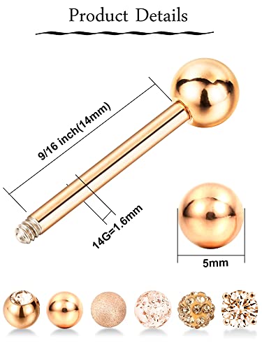 6 Pairs Nipple Tongue Ring Stainless Steel Barbell Rings Cubic Zirconia Nipplerings Body Piercing Jewelry, 14 Gauge (Rose Gold)3