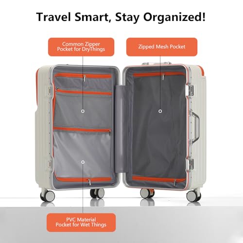 20" Aluminum Frame PC Hard Shell Spinner Suitcase for Travel, Cabin Luggage Airline Certified, 360° Spinner, TSA Lock, Cup and Phone Holder, USB Charging Port, Sky Blue (White, 20 in)2