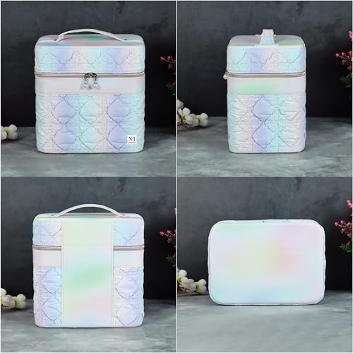 Image of NFI essentials Makeup Box, Vanity Bag, Cosmetic Storage Organiser for Women, Train Case Travel Makeup Pouch Organizer Brush Holder Make up Artist Bridal Trousseau Box for Girls (Quilted)