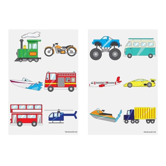 Henbrandt Assorted Fun Vehicles Tattoo Sheet 2-Pack, 4 cm Size, Multicolour