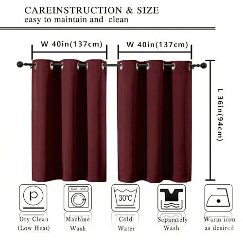 Image of Simplebrand Burgundy Short Cafe Curtains 36 Inch Length 2 Panels Set, Half Window Grommet Privacy Drape Tiers for Kitchen, Thermal Insulated Room Darkening Curtains for Bathroom Shades, W40 x L36