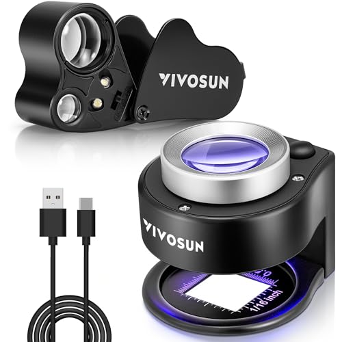 VIVOSUN 2-Pack Jewelry Loupe, 30X and 60X Foldable Magnifier UV/LED Lights, Desktop Loupe with LED & UV Lights for Jewelry, Gems, Watches, Coins, and Stamps, Black