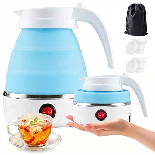Faltbarer Wasserkessel 0.6L Wasserkocher Faltbarer 750W Reisewasserkocher mit Edelstahlboden Tragbarer Mini Wasserkocher Silikon Wasserkessel für Outdoor Wandern Survival (Blau)