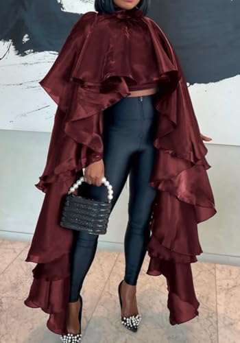 Lucuna Women's Sexy Satin Ruffle Shawl Wraps Pull On Asymmetrical Swing Flowy Trendy Smocked Cape Poncho Shirt3