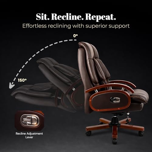 Image of Premium High Back Leatherette Wooden Base & Handle Office Chair for Director & Executive | Revolving Recliner, Soft Heavy Cushion, Brown Colour | 5 Year Warranty | Free Assembly