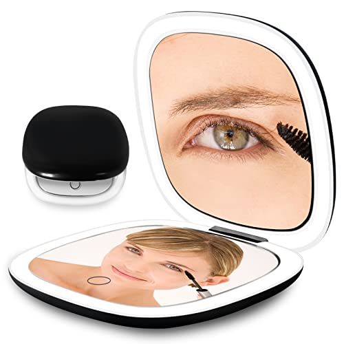 Kompaktspiegel, HSDJLXZ Reise-Make-up-Spiegel, USB wiederaufladbar, 2-seitig, 1-fach/10-fache Vergrößerungsspiegel mit Licht, 3 Farben Helligkeit, dimmbar, Taschen, Handtasche Cover