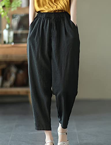 Summer Cotton Linen Soft Cropped Pants with Elastic Waist Pockets for Women Teen Girls2
