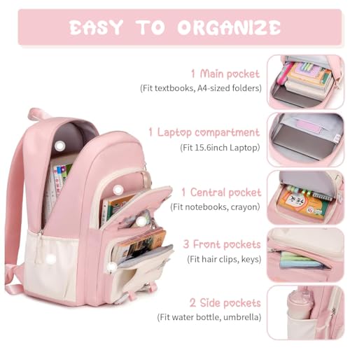 Image of Climberty Cotton Girls School Backpack Kawaii Pink School Book Bag Multi Compartment 15.6 inches Travel Backpack School Bag for Girls 6-12 Years Old Birthday Gift Christmas Gift, 32x15x45cm