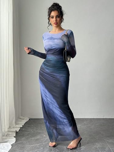 Image of LIGHT DOT Women's Printed Bodycon Maxi Dress Long Sleeve Tie Dye Mesh Ruched Cocktail Dress