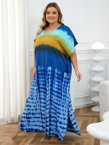 Plus Size Beach Kaftan Dresses for Women Print V-Neck Long Swimsuit Cover Ups4