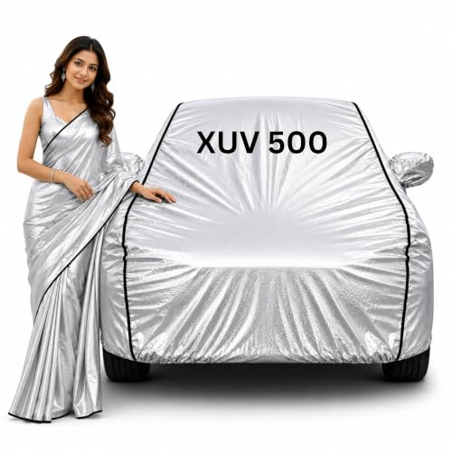 Image of 100% Waterproof Car Cover for XUV 500 All Weather Protection with Mirror Pocket Inner Cotton Layer Triple Stitched Cover with Adjustable Belt Bottom Elastic to Secure Fit-Silver