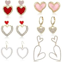 6 Pairs Valentines Earrings for Women Love Dangle Earrigns Pearl Rhinestone Double Heart Stud Earrings