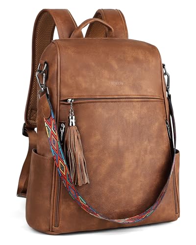 FADEON Leather Laptop Backpack for Women Designer 15.6 inch PU Laptop Bag, Ladies Travel Computer Work Backpack Brown