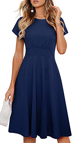 HOMEYEE Women's Short Sleeve Floral Casual Aline Midi Dress A102(12,Dark Blue-Solid Color)
