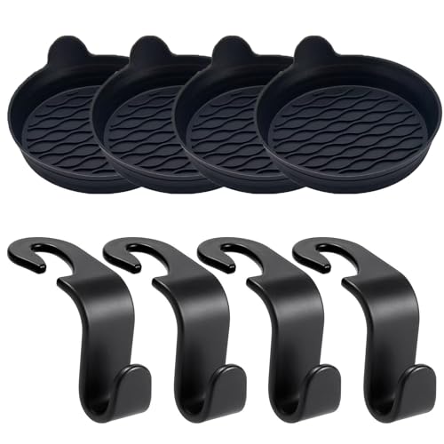 car accessories set ,4 Pack Black car coasters and 4 Pack purse hook for cars,Universal Non-Slip Recessed cup coasters for Women and Man,purse hook for Coats Grocery, Bag