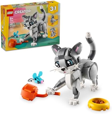 LEGO Creator 3 in 1 Playful Cat Toy - Building Toy with 3 Building Options, Cat, Dog, or Pigeon - Animal Figures for Kids, Girls and Boys, Ages 8+ - Gift Idea for Birthday - 31163