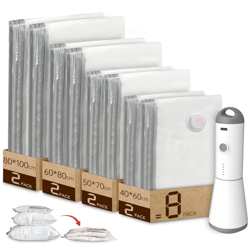 Vacbird Sacchetti Sottovuoto Vestiti con Pompa Sottovuoto Senza Fili, 8 Pezzi (2 Jumbo, 2 Grandi, 2 Medi, 2 Piccoli), Riutilizzabile Buste Sottovuoto Vestiti per Coperte, Piumini, Cuscini, Maglioni