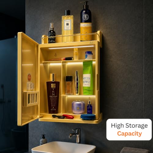 Image of BRANCO Bathroom Cabinet with Mirror | Storage Organiser | Strong Plastic Bathroom Shelves Wall Mounted | Mirror Cabinet (Golden)