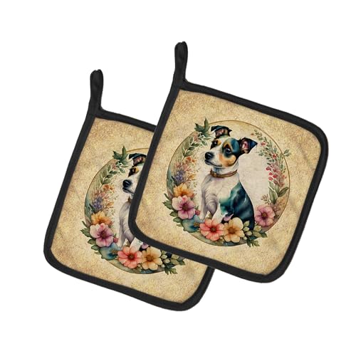 Caroline's Treasures Jack Russell Terrier and Flowers Pair of Pot Holders Kitchen Heat Resistant Pot Holders Sets Oven Hot Pads for Cooking Baking BBQ, 7 1/2 x 7 1/2