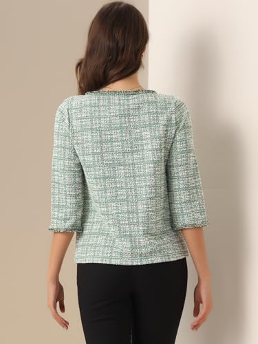Allegra K Women's Elegant Tweed Plaid Top 3/4 Sleeve Button Decor Vintage Blouse4